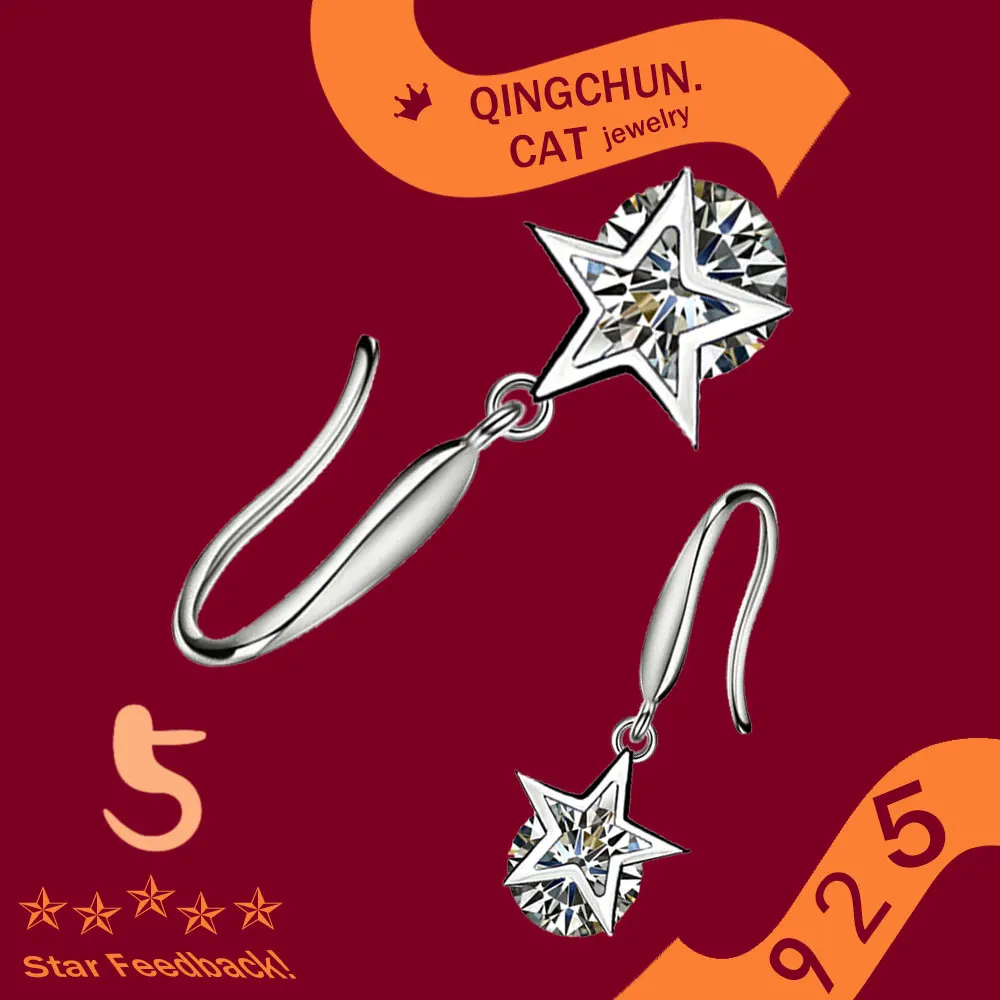 

Aesthetic Vintage Smooth Korean Trendy Fine Jewelry pentagram Stamp 925 Sterling Silver Simple Women Earrings With Crystal Stars