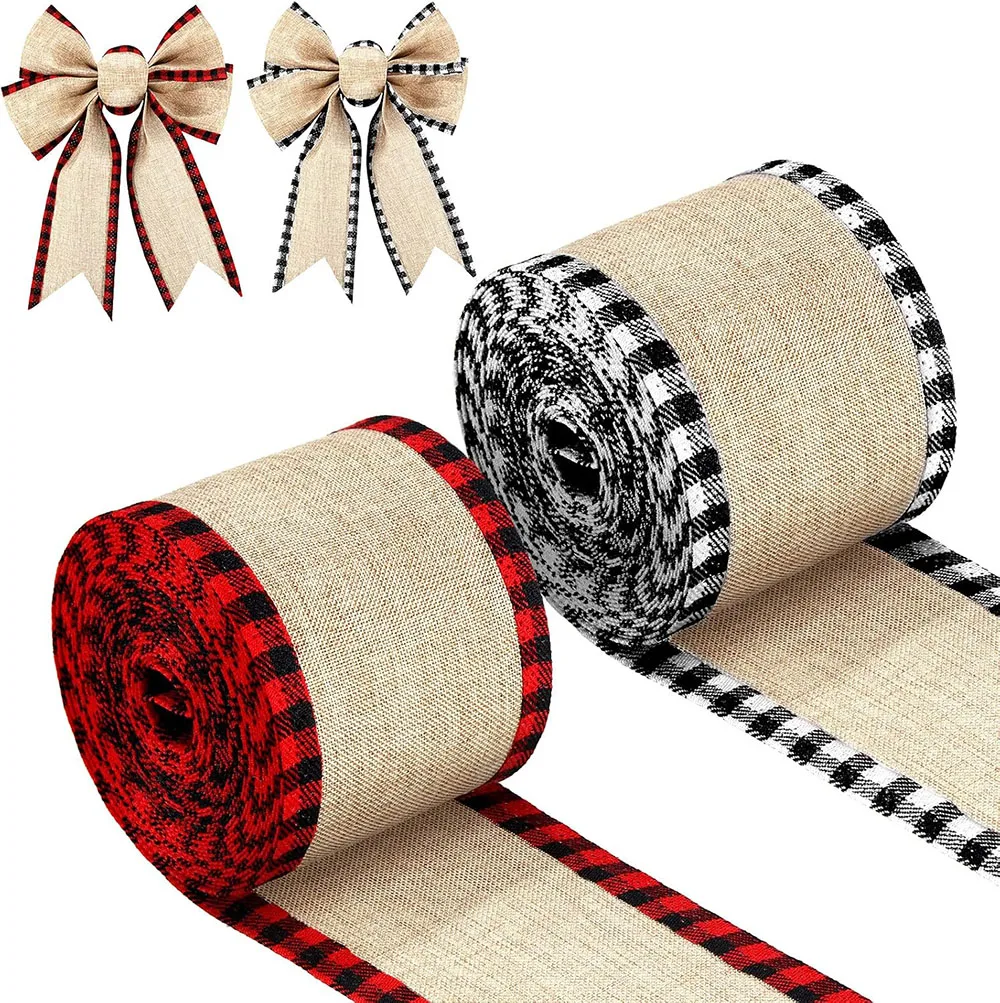 

2/4/6/10 Rolls 6 Yard Christmas Buffalo Plaid Wired Edge Ribbons Christmas Tree Craft Wrapping Burlap Ribbon with Checkered Edge