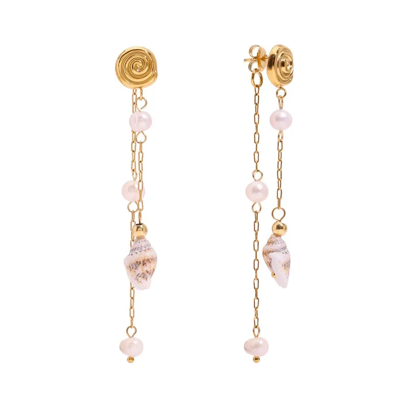 

Minar Handmade Natural Shell Freshwater Pearl Long Chain Tassel Drop Earrings for Women Lady Stainless Steel 18K Gold PVD Plated