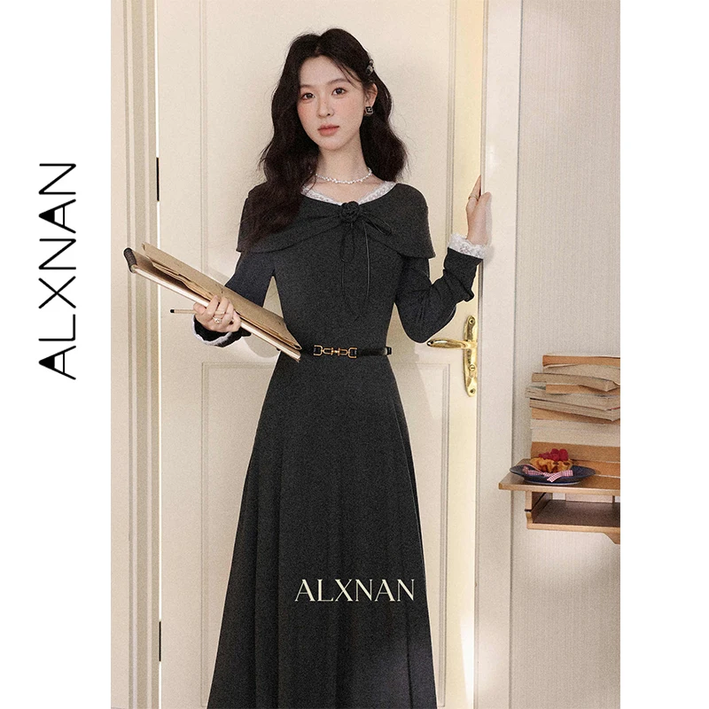 

ALXNAN Women's Dress Black Long Sleeve Vintage Elegant Pleated Long Dress Large Lapel 3d Floral Bow Lace Female Dresses L60018
