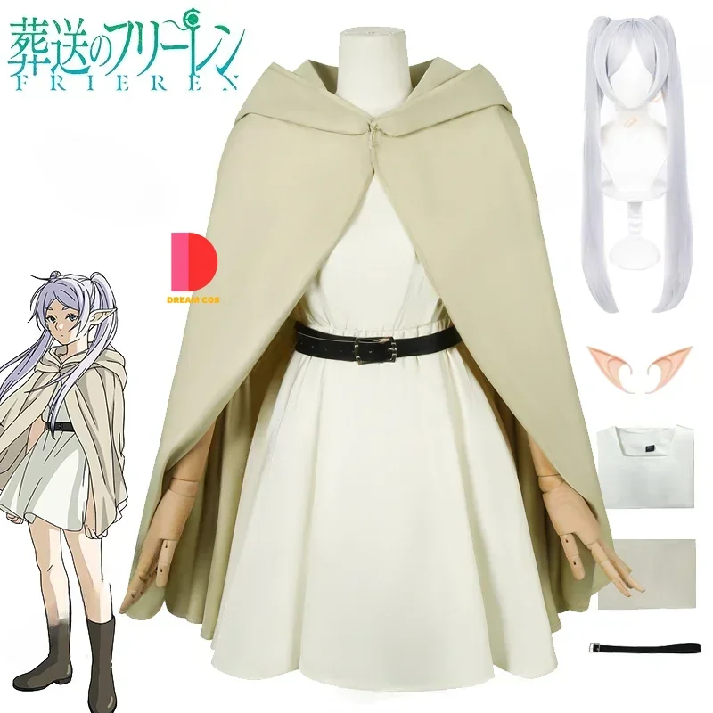 

Frieren Cosplay Costume Set Wig Anime Frieren Beyond Journey's End Beige Dress Cloak Elf Ears Halloween Party Women Accessories