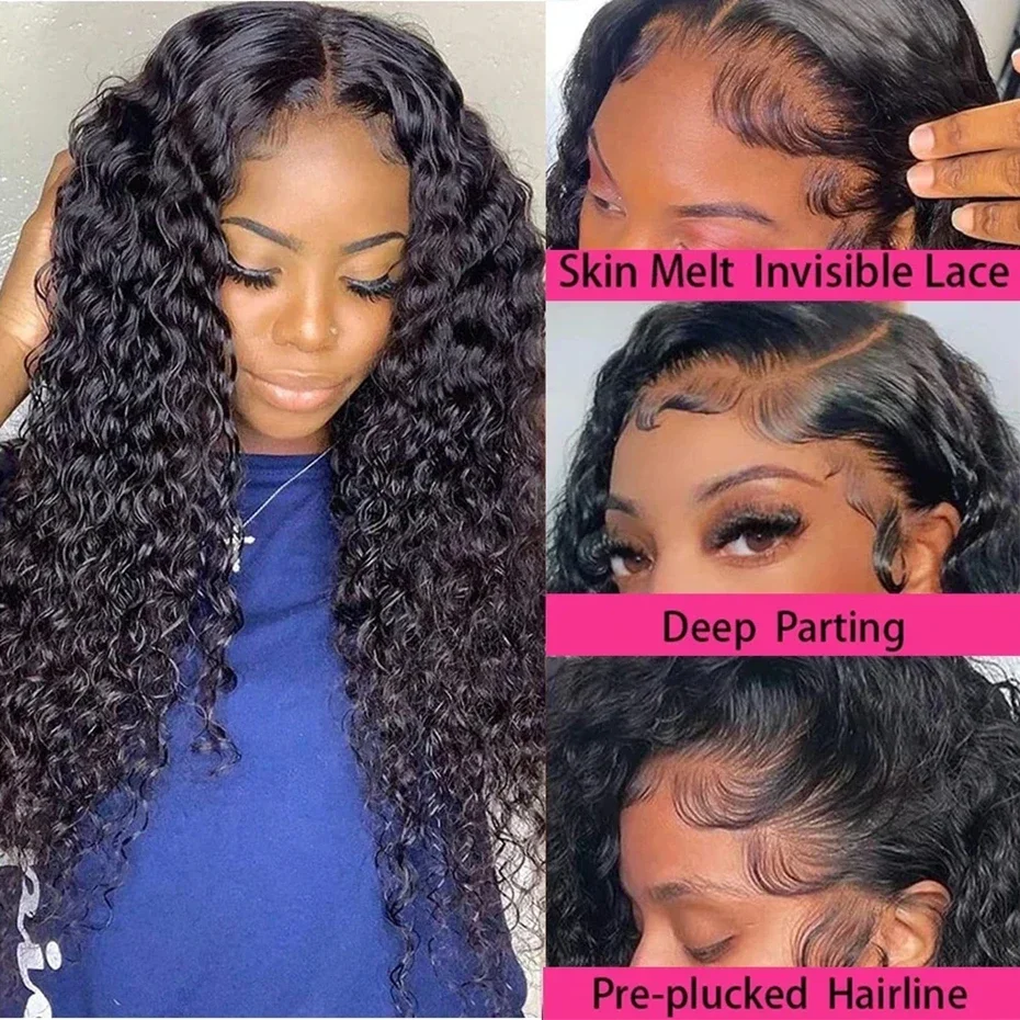 puhasty Deep Wave Wig Curlly Human Hair Wigs Lace Frontal Human Hair Wig 250% For Women Deep Wave13x4 Lace Frontal Wig For Women