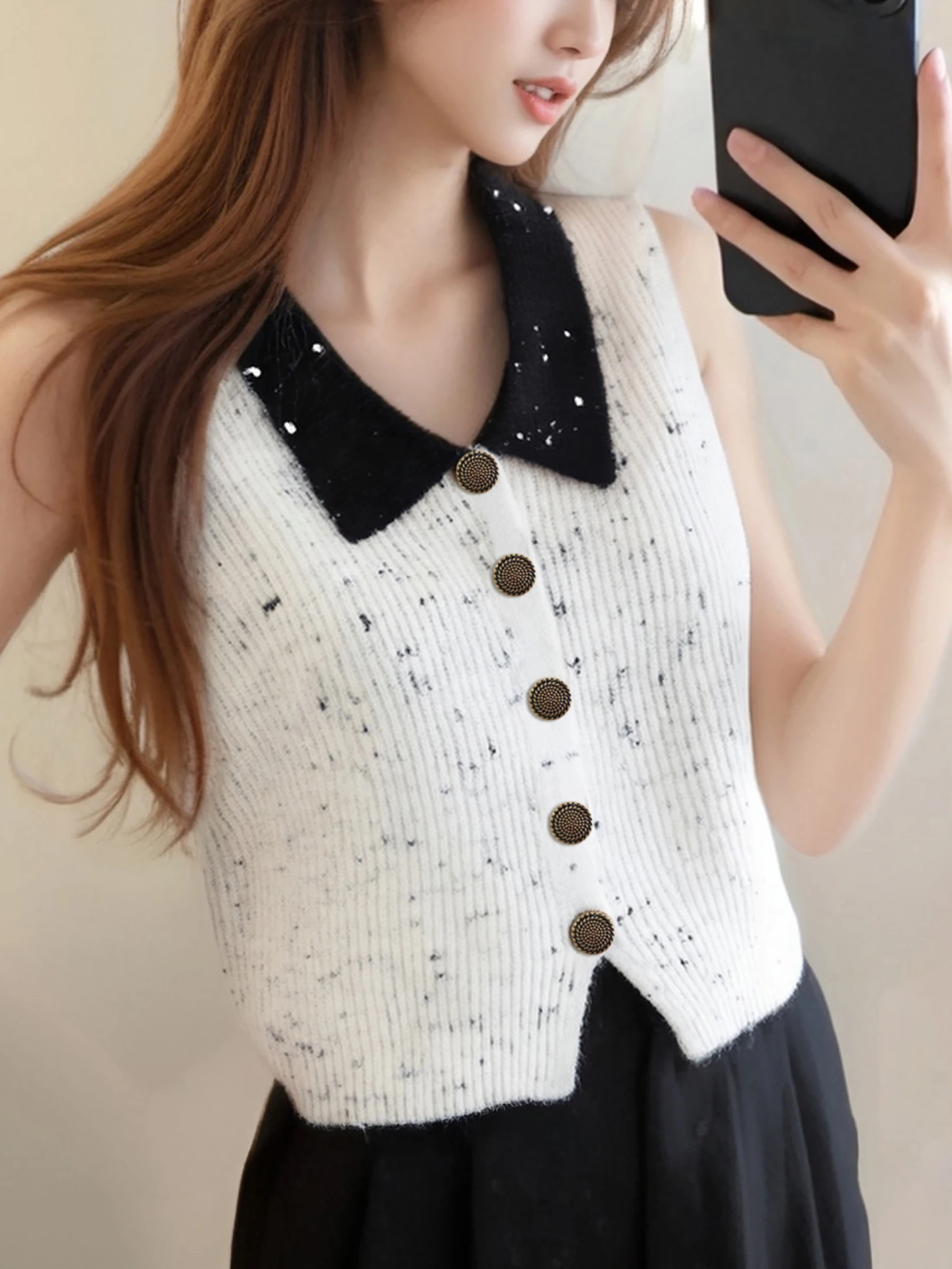 

Alicedudu Women's Autumn and Winter French Style Contrast Lapel Design Cardigan Vest