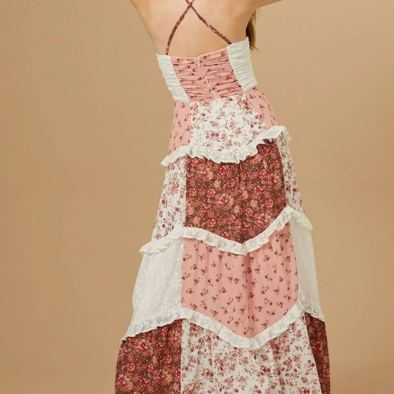 Nieuwe modieuze Europese Amerikaanse stijl damesachtige elegante mouwloze halterprint patchwork lange jurk voor dames 2026 zomer