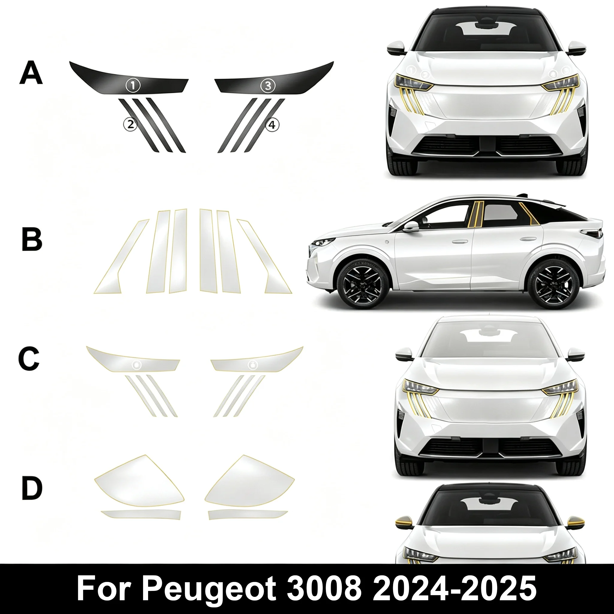 For Peugeot 3008 2024-2025 Headlight B Pillar Rearview TPU Transparent Protective Film PPF Sticker Anti-scratch Film