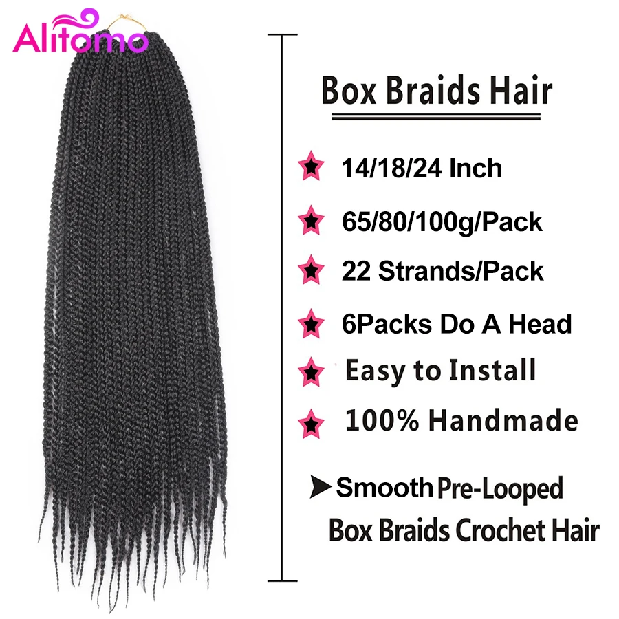 Alitomo Box Braids Crochet Hair 22Strands Synthetic Braiding Hair Extensions for Black Women and Kids 14/18/24Inch Ombre Brown