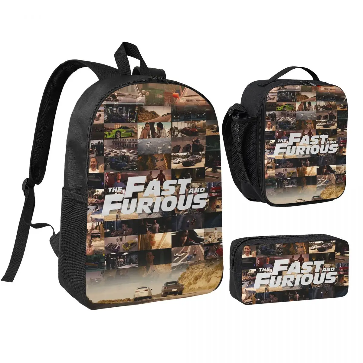 Fast And Furious Legends Tribute Backpack Boys Girls BookBag School Bag Shoulder Bags 3ps Insulated Lunch Bag Pencil Case