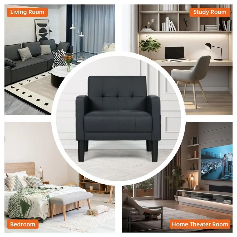 거실용 악센트 의자 2개 세트, 편안한 안락의자, 사이드 포켓이 있는 모던 가죽 싱글 소파 의자, 독서용