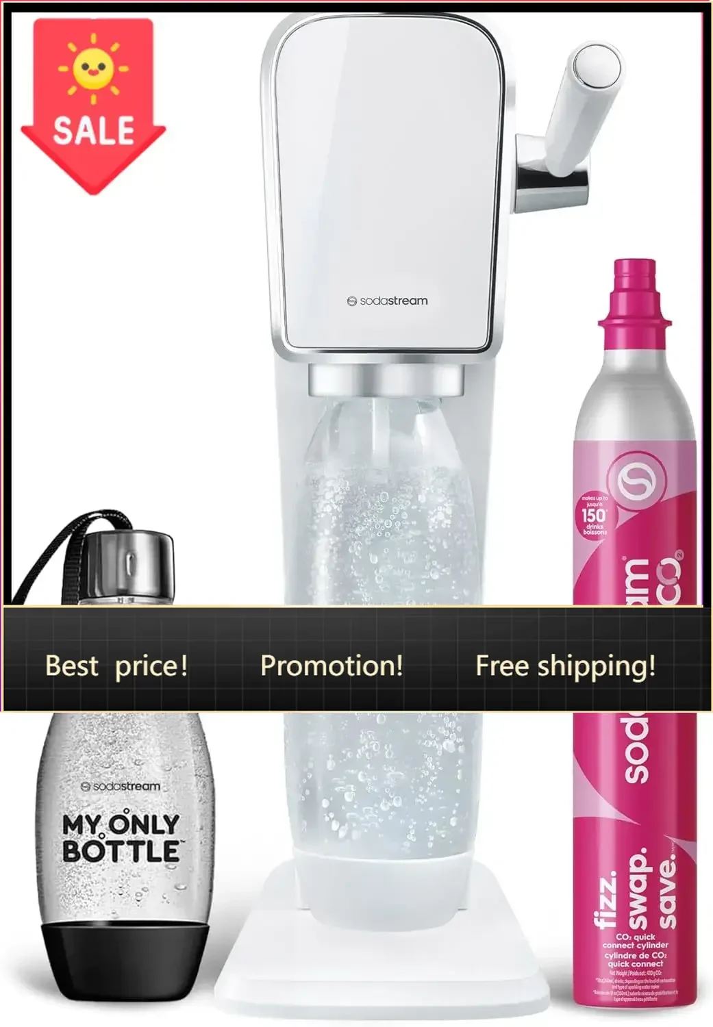 ART Sparkling Water Maker | STARTER KIT | CQC CO2 system | Includes 1x CO2 Cylinder, 1x32 & 1x16 Fl Oz Dishwasher Safe Bottles