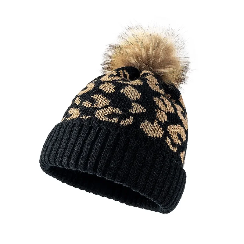 Customization Leopard Print Curled Edge Wool Ball Knitted Hat For Women's Outdoor Warmth, Thickened Autumn And Winter Men's Wool