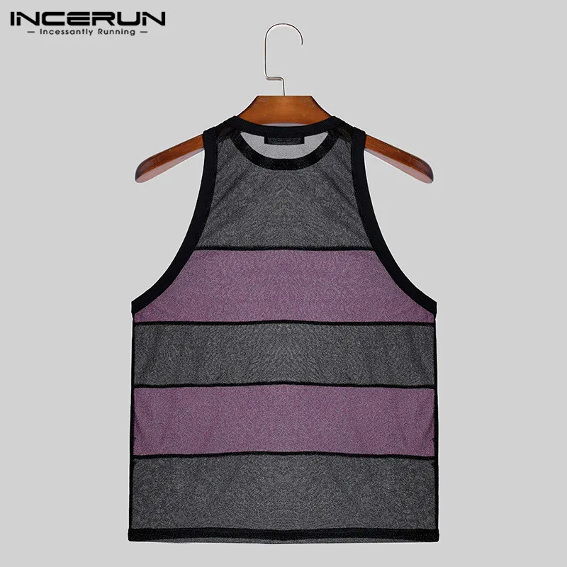 INCERUN Men\'s Tank Tops Striped Mesh See Through O-neck Sleeveless Streetwear Sexy Vests Summer 2024 Fashion Men Clothing S-5XL