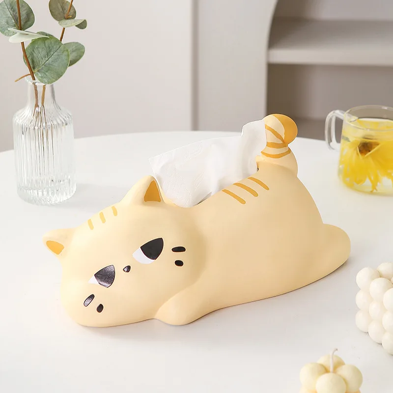 Cream-colored Cute Cat-shaped Tissue Box. Luxury-style Napkin Storage Box. Ceramic Tissue Paper Drawer Decorative Item