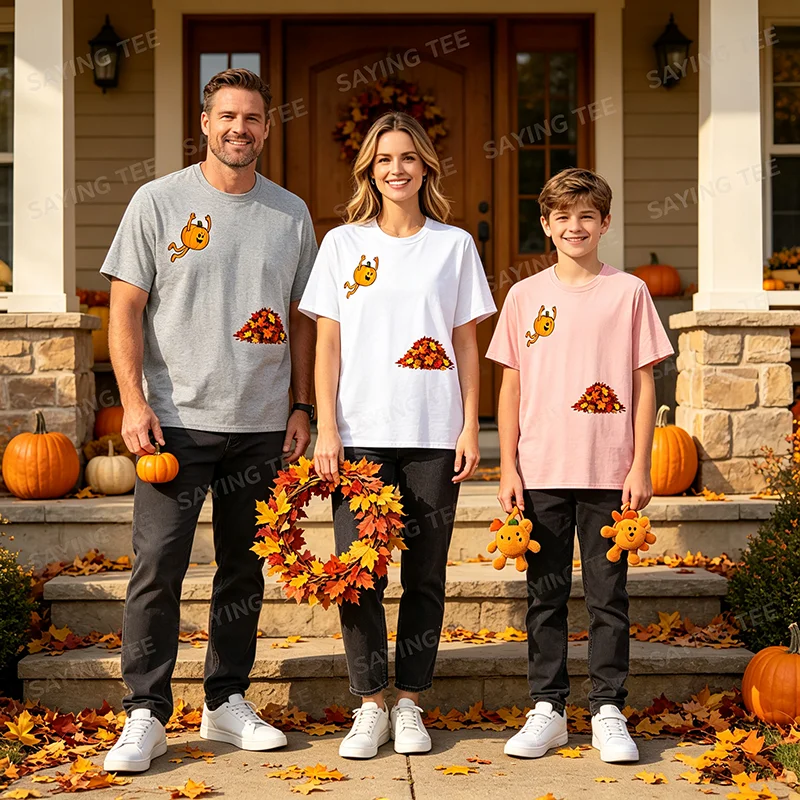 Lustiges T-Shirt mit Kürbis, der in Blätter springt, niedliches Herbstblätter-T-Shirt, Y2k-Humor, Halloween-Kostüm, Neuheitsgeschenk, Grafik-Spruch-T-Shirt – Detail 3