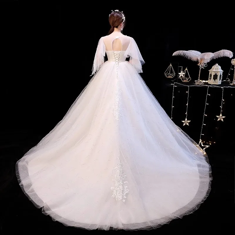 It's Yiiya White Wedding Dress Emboroidery O-neck Half Sleeves Trailing Princess Pregnant Woman Plus size Bride Ball Gowns XN014