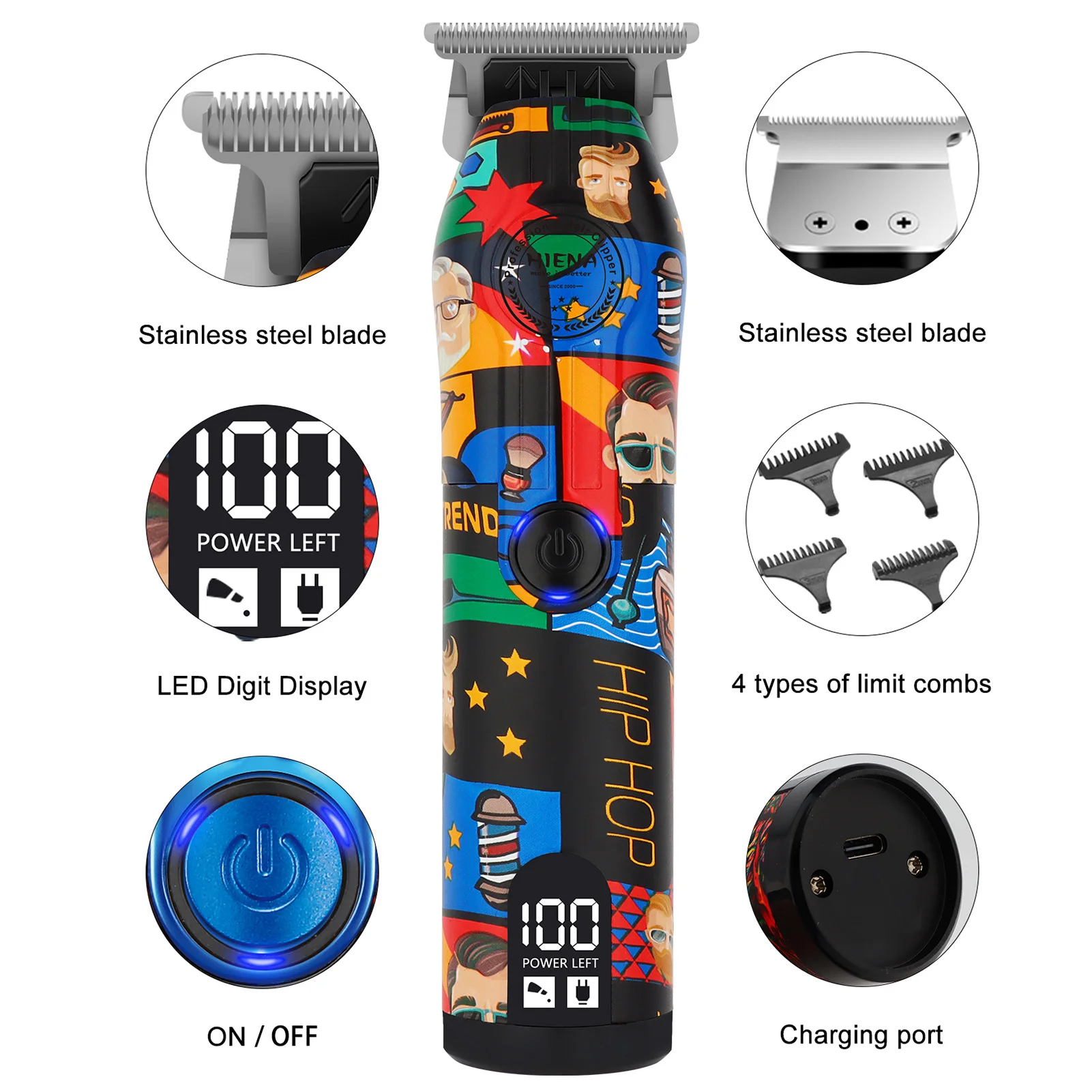 HIENA مقص الشعر مجموعة عالية الطاقة شاشة الكريستال السائل الكهربائية الشعر المتقلب للرجال العصرية الكتابة على الجدران تصميم اللاسلكي الشعر اللحية ماكينة حلاقة