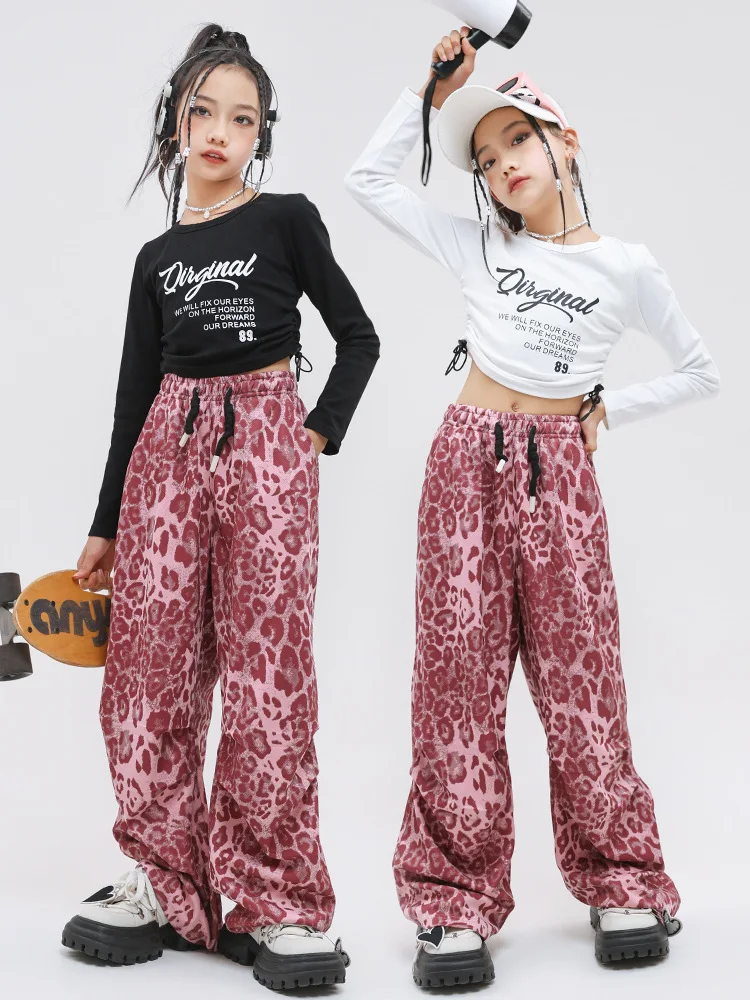 Hip Hop Girls Crop Top Pink Loose Leopard Sport Pants Kids Street Dance Slacks Children Streetwear Costume Teen Jazz Clothes Set