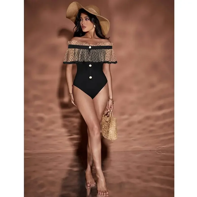 2024 Lace Off Shoulder Ruffle Dot Printed One Piece Swimsuit and Sarong Vacation Clearance Wholesale