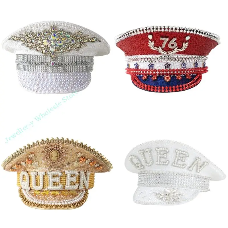 

R7UF Jeweled Crystal Captain Hat Bride Hat Sailors Hat for Bachelorette Party Headwear Headgear for Club Stage