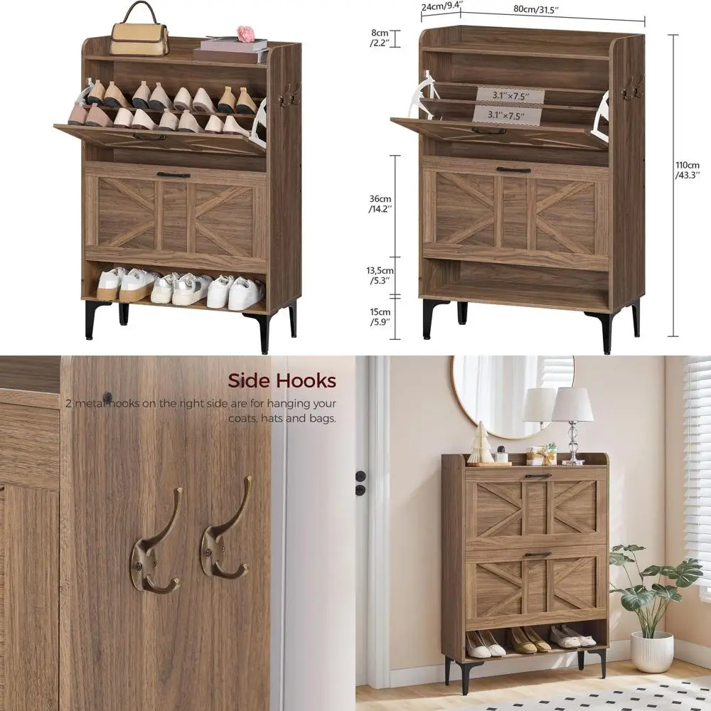 منظم أحذية الجوز قائم بذاته مع درجين ورفوف مفتوحة لتخزين المدخل