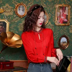 Oriental Aesthetic Women Satin Blouses Red Beige Black Top With Embrodiery Neck Cuff Knot Button Chinese Old Money Style Clothes