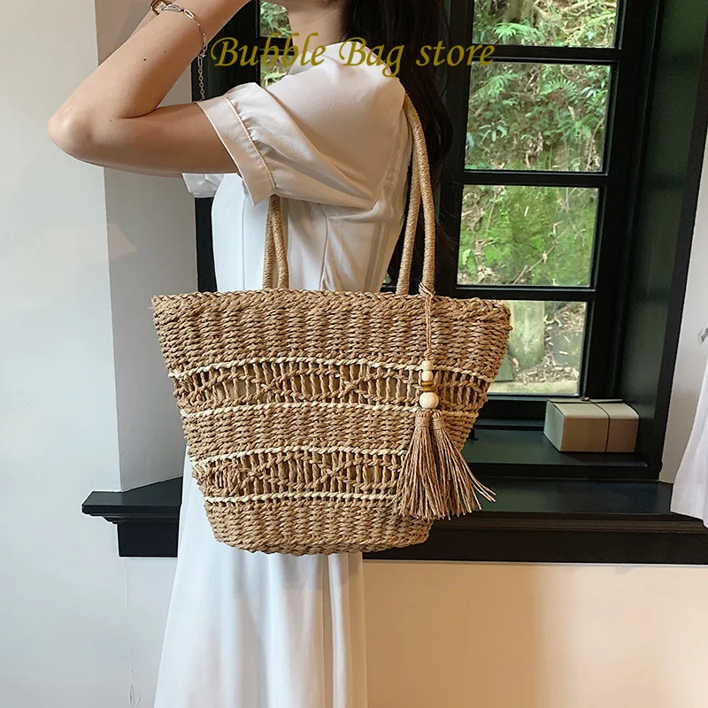 

2023 Summer Women Weave Straw Tote Bag New in Travel Beach Bags Handmade Lady Rattan Shoulder Side Handbags
