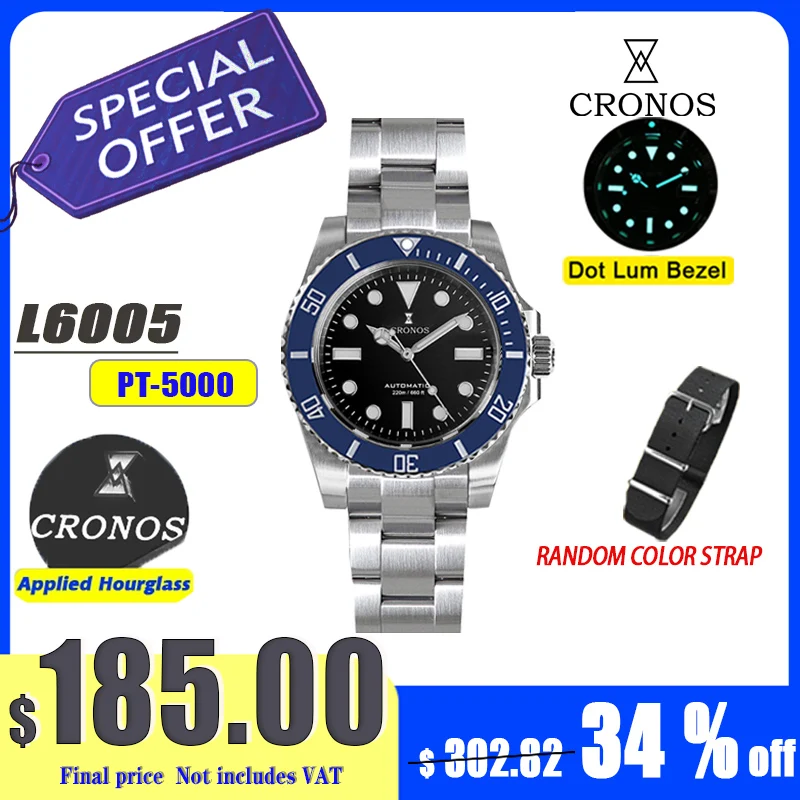 

Cronos Sub Diving Men Automatic Mechanical Watch No Date PT5000 Brushed Bracelet Ceramic Bezel 200m Waterproof Glideclasp L6005