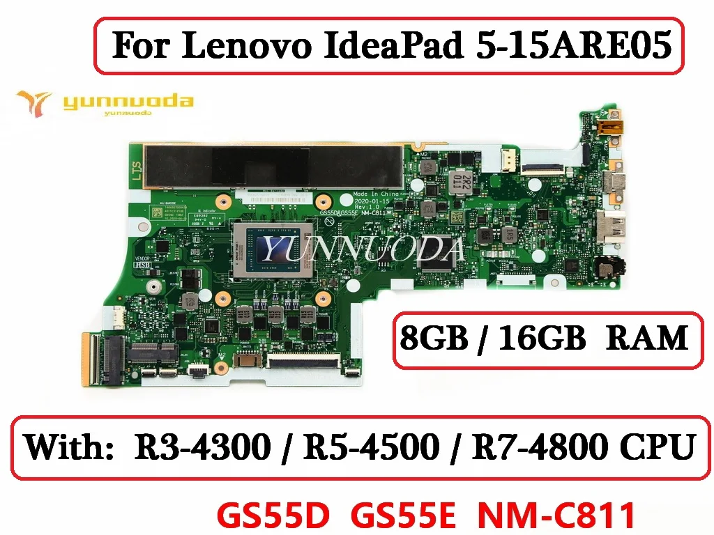 

GS55D GS55E NM-C811 For Lenovo IdeaPad 5-15ARE05 Laptop Motherboard With R3-4300 R5-4500 R7-4800 CPU 8GB/16GB-RAM 100% Tested