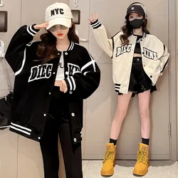 2023 New Fall Baseball Jacket Spring Girls Cartoon Letter Print Coats Kids Fashion Sport Outerwear Children's Clothing 4-14 Year