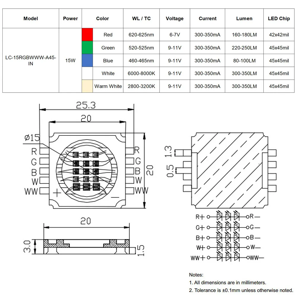 15W RGBWWW LED COB LED 칩 빨간색 녹색 파란색 흰색 따뜻한 흰색 램프 구슬 DMX DJ LED 무대 조명에 적합