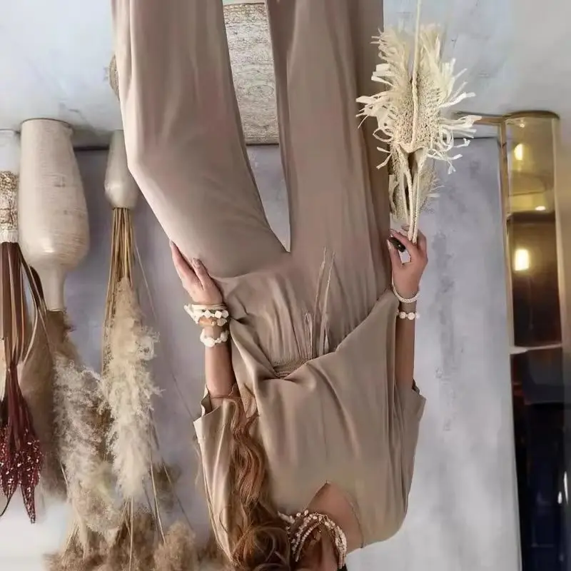 

Женский повседневный костюм с V-образным вырезом и рукавами «летучая мышь», свободные брюки-палаццо, изысканный, простой, модный, элегантный, однотонный, высокого качества