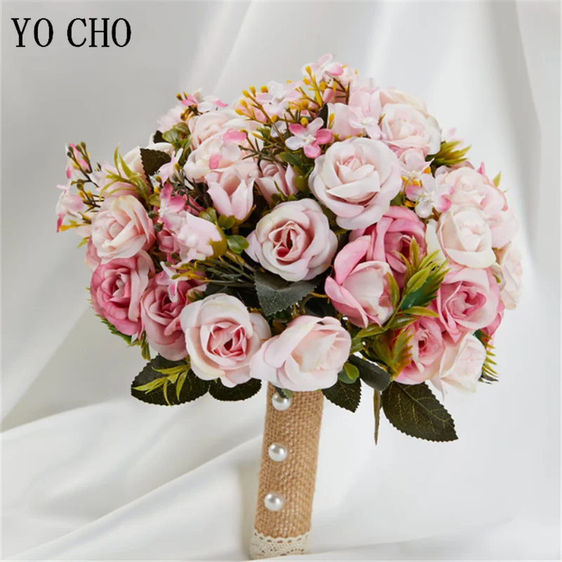 Bride Wedding Bouquet Bridesmaid Holding Flors Pink Roses Artificial Flower White Bridal Bouquet Wedding Decoration Accessories