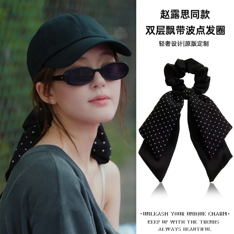 1pc Oversized Polka Dot Ribbon Tail Scrunchie Celebrity Inspired 2026 New High Elastic Hair Tie for Women High Ponytail Bun