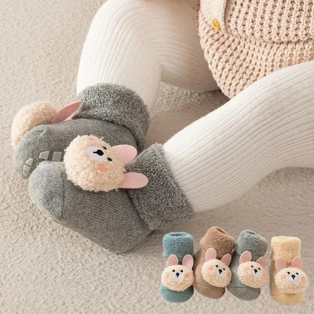 Soft Cartoon Bear Socks Non-Slip Grips Design Breathable Winter Booties Thicken Cotton Thermal Stocking for Indoor Play