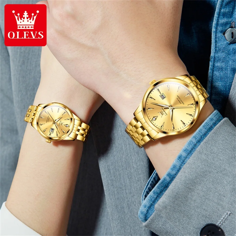 OLEVS-Relógio Casal Luxo Dourado para Homem e Mulher, Aço Inoxidável, Impermeável, Luminoso, Data, Fashion, Quartzo, Amantes, Marca Top