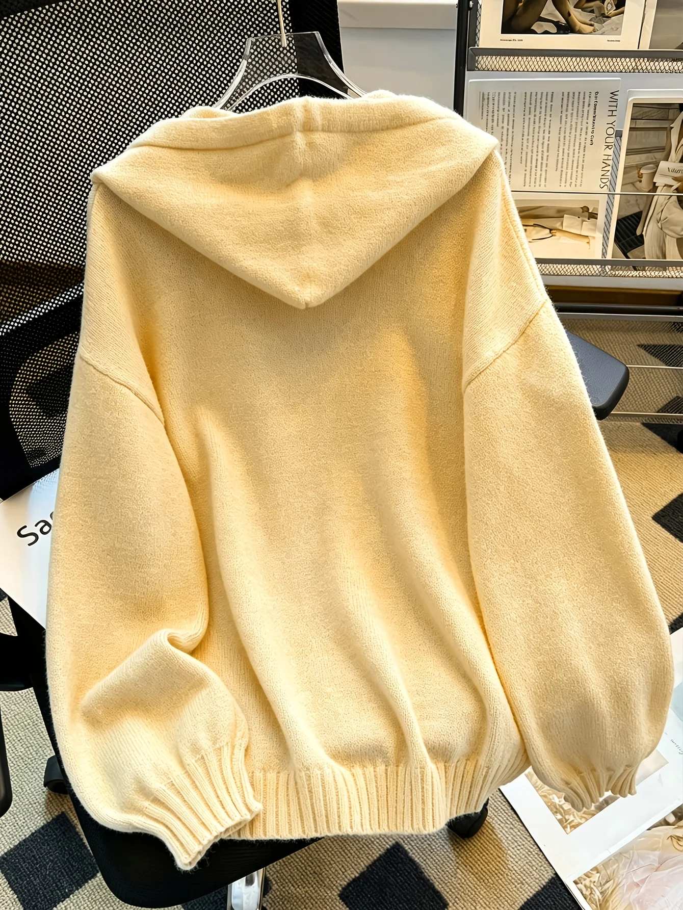 Women Hooded Knit Sweater 2026 Autumn Winter New Solid Color Loose Casual Sweatshirt Drop Shoulder Lantern Sleeve Simple Versati
