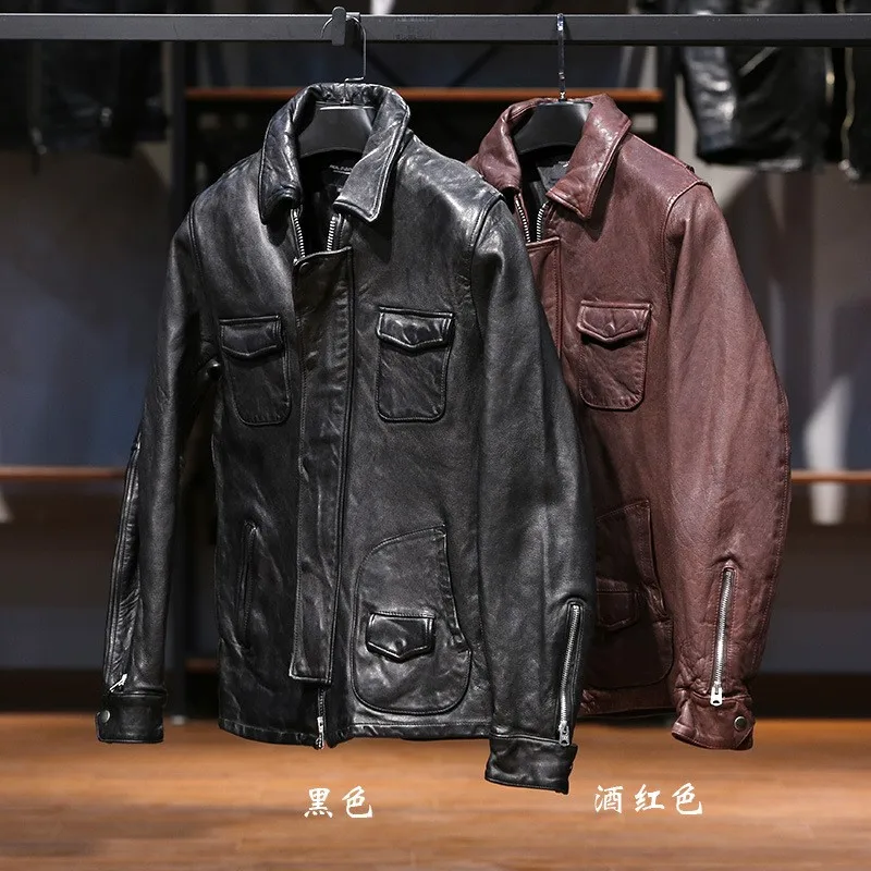 

New spliced vegetable-tanned cotton leather for men and women with lapels pockets casual motorcycle