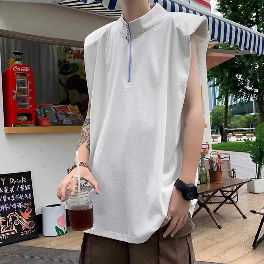 Mens Vest Half Zipper Casual Vest Fashion Streetwear Breathable Youthful Vitality Solid Stand Collar Sleeveless T-Shirt 2024