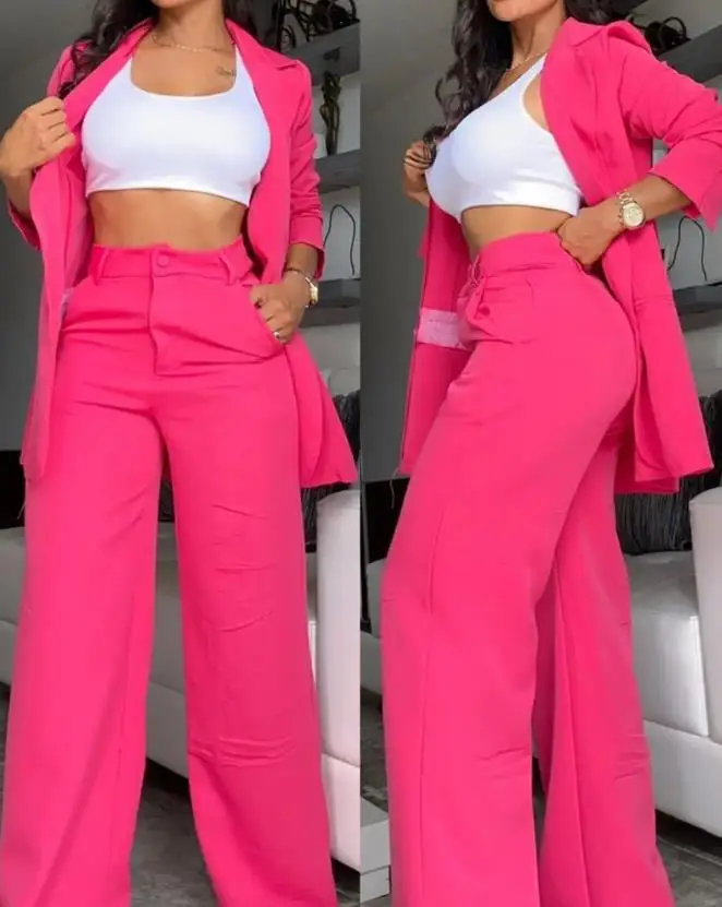 Casaco de manga comprida feminino, roupa com gola entalhada, elegante design de bolso, calças de trabalho, moda outono, 2 peças, 2023