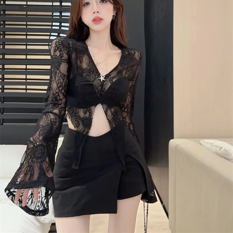 Gidyq Summer Women Sexy Lace Shirts Korean Fashion Hollow Cropped Sun Protection Blouse Casual Streetwear Female Party Tops New