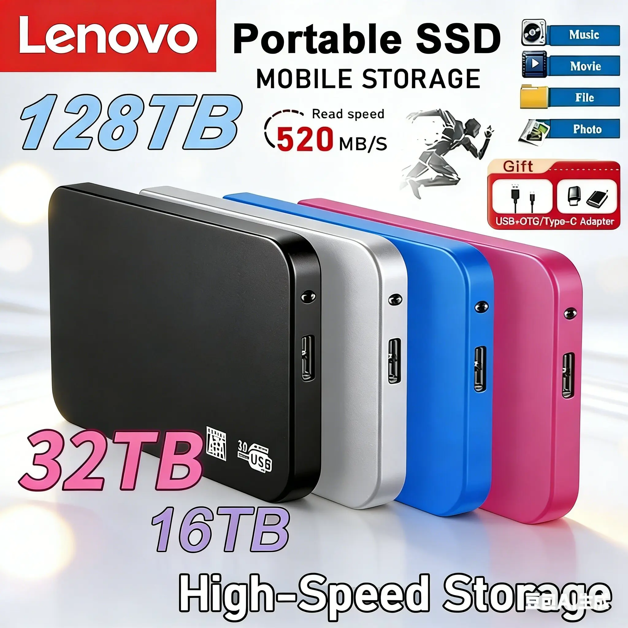 

Lenovo 3.0 Enclosure Mobile 128TB High-speed SSD USB Hard Drive Cases for SSD External Storage HDD Box With USB3.0 Cable ABS