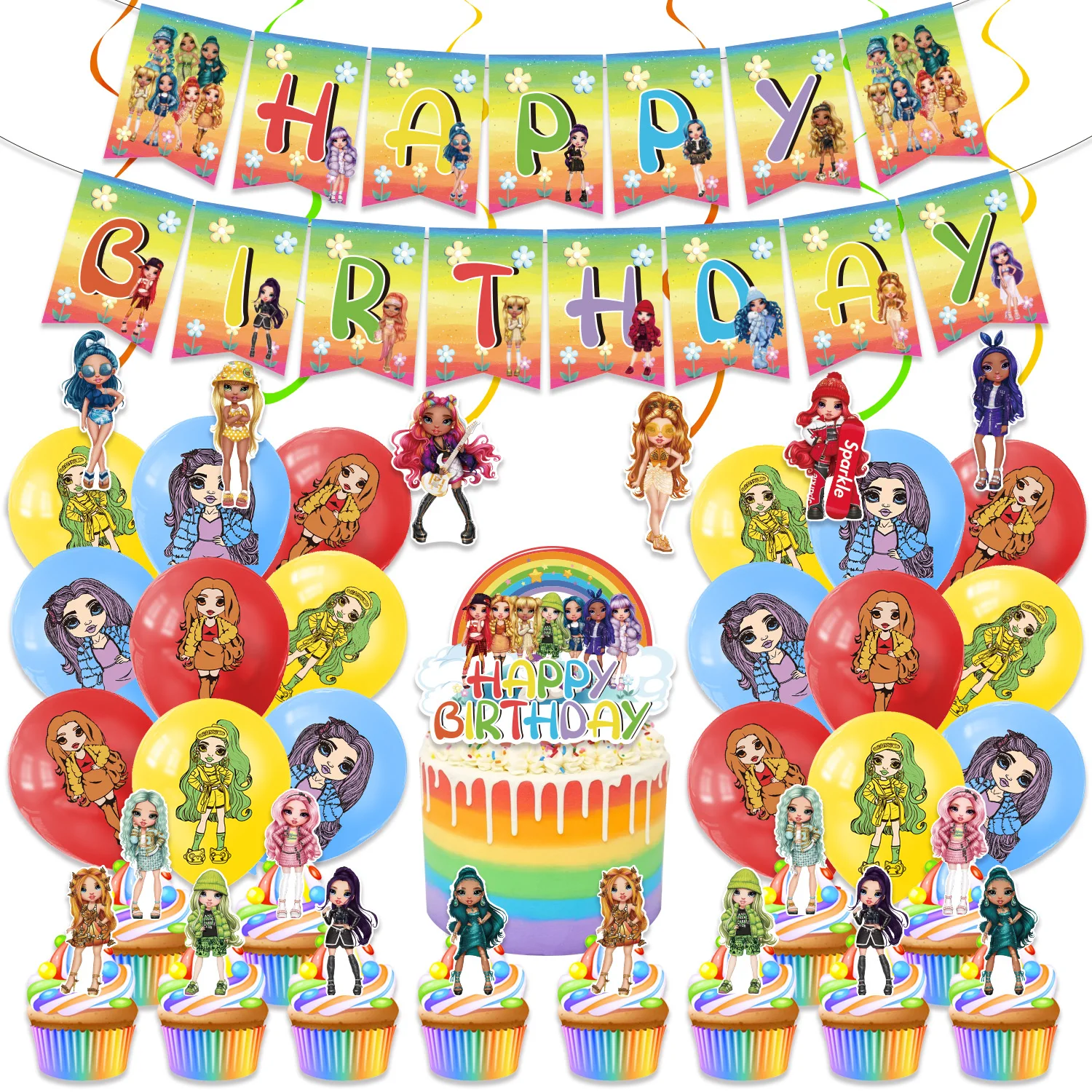 Cartoon Rainbow Doll High School Theme Background Birthday Party Decoration Supplies Disposable Cup Cutlery Balloon Baby Gift