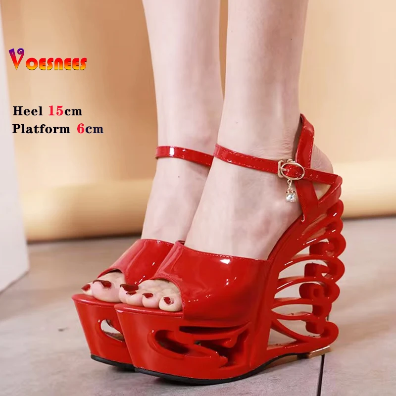 

Summer Platform Sandals Women Peep Toe 15cm Wedges Heel Ankle Buckles Female Sandals Party Shoes Black Red Strange Style Heels