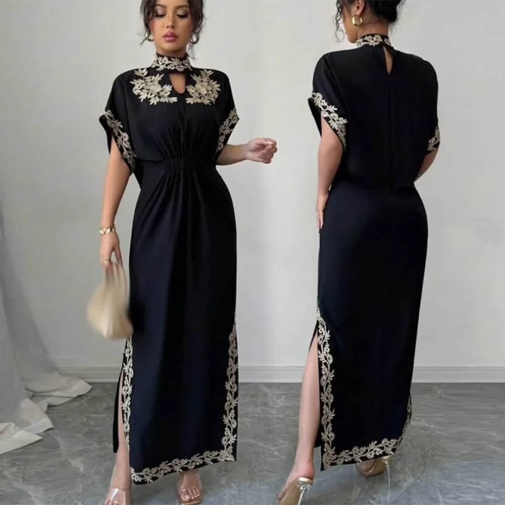 

Customized Black A-Line Prom Dresses Ankle-Length High-Neck Half Sleeve Evening Gown Fashion Appliques Simple Draped Party Gown