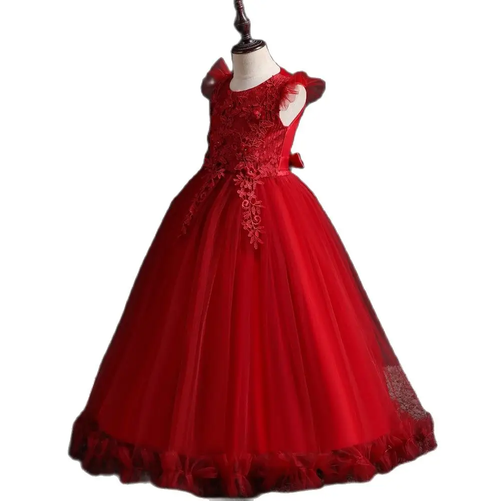 Red New Girl Flower Elegant Long Dress FOR 4 to 14 years Children\'s Ball Embroidered Princess Dress