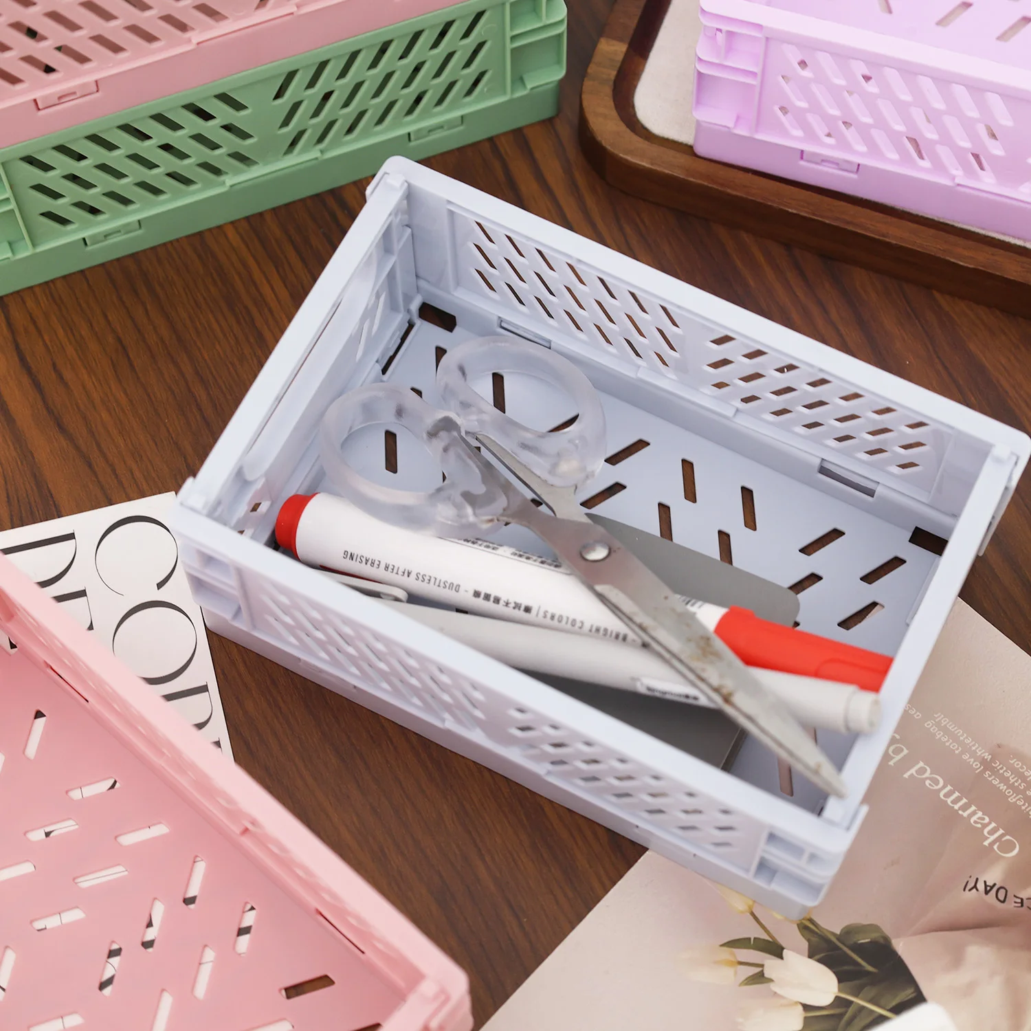 1/6PCS Plastic Foldable Storage Baskets Small Things Jewelry Organizer Stackable Desktop Drawer Kitchen Folding Box Container