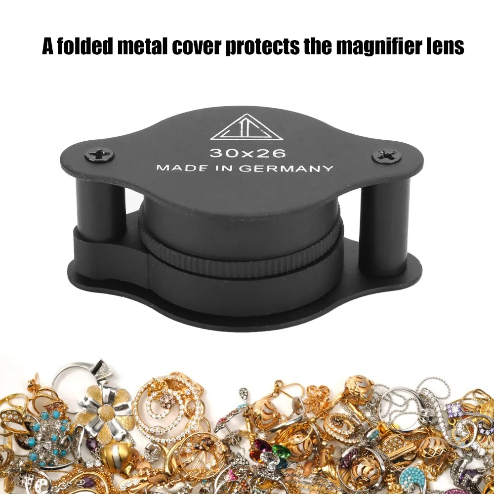 

Полностью оптическая стеклянная линза, 30-кратная лупа с подсветкой, металлическая конструкция, портативная лупа, складной карман, черный цвет