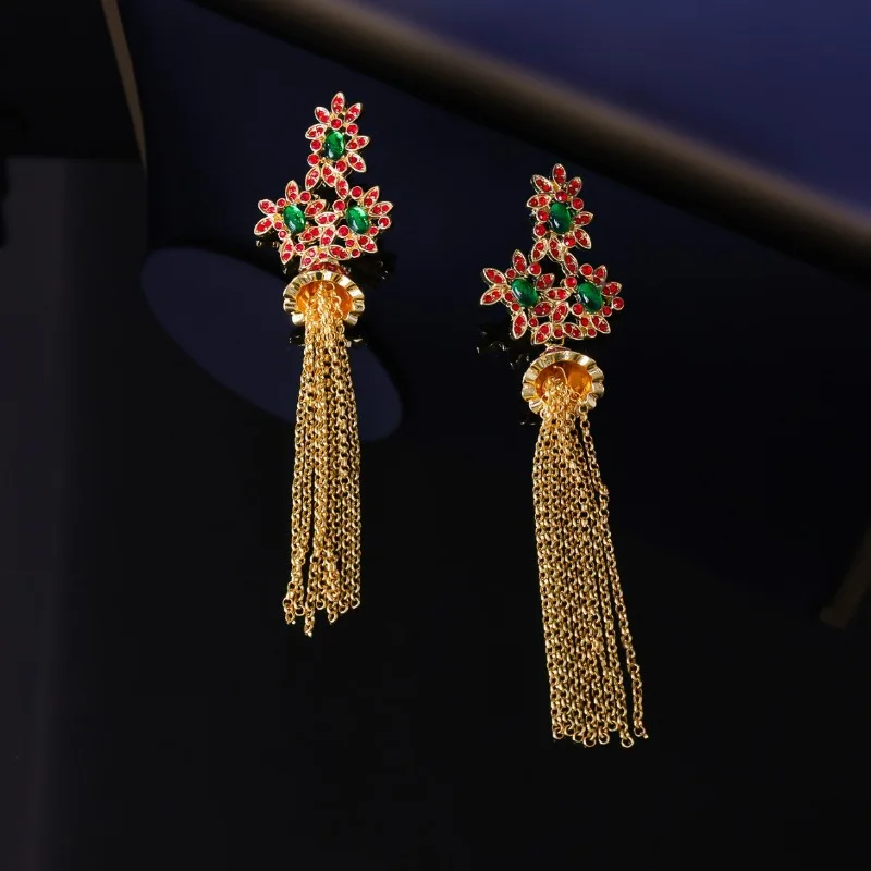 

New Chinese Style Flowery Earrings Medieval Vintage Elegant Retro Stud Earrings Colored Diamond Fringed Earrings