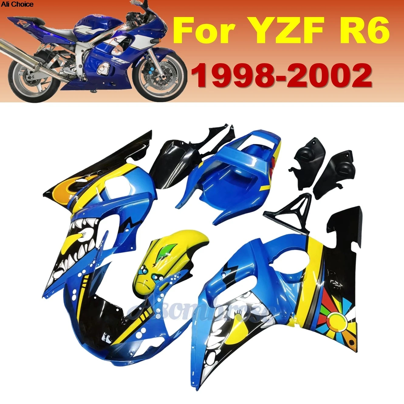 

For Yamaha R6 Fairing kit 1998-2002 YZF R6 2000 2001 ABS Fairing Kit Full Set Injection Body Panels | Blue Yellow Shark