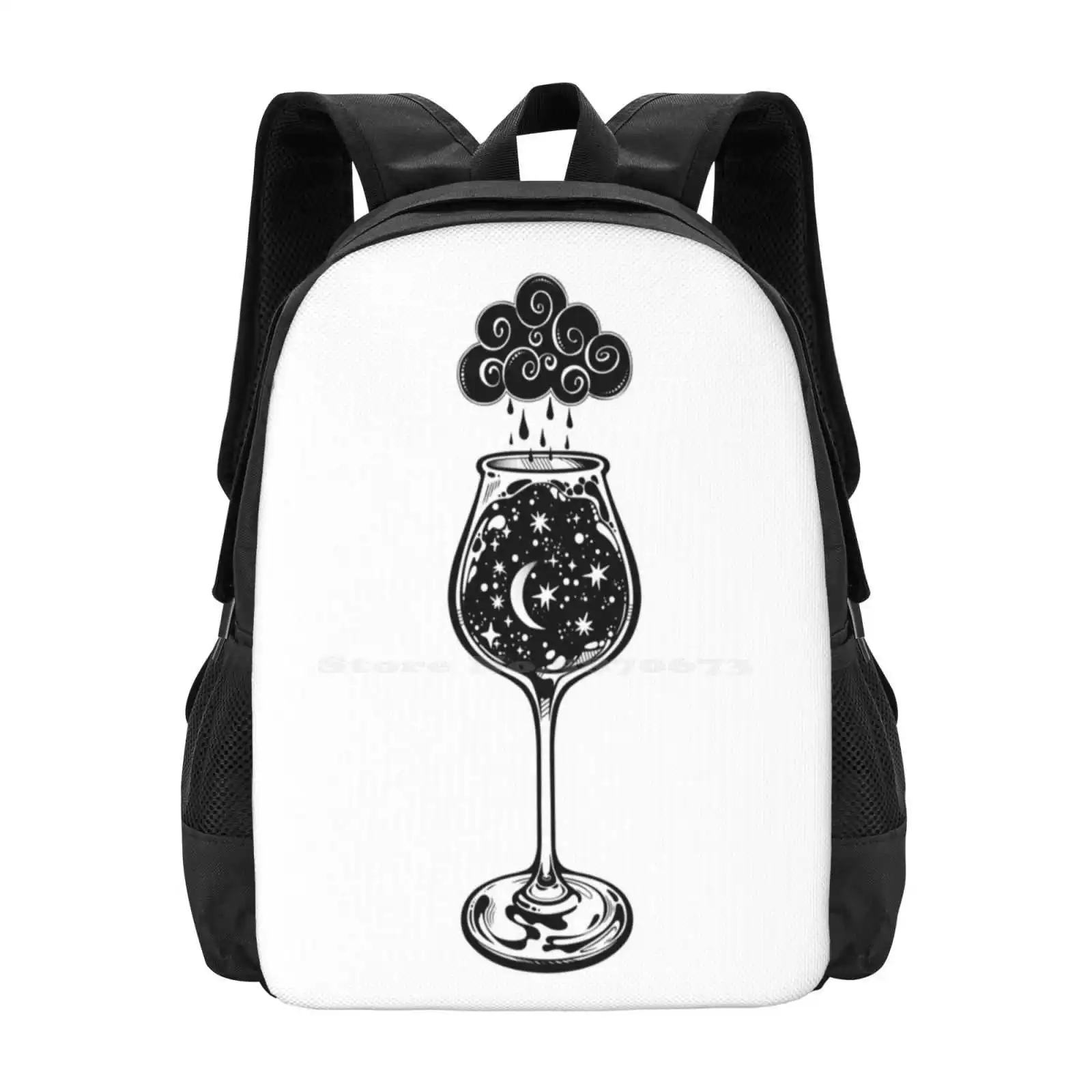 

A Night In A Cup. Fashion Pattern Design Travel Laptop School Backpack Bag Alchemy Astronomy Black Boho Cloud Constellation