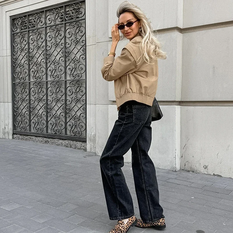 Khaki Short Windbreaker Women Flip Collar French Casual Workwear Coat Loose Pilot Jacket Autumn Fall New Fashion Female Clothing